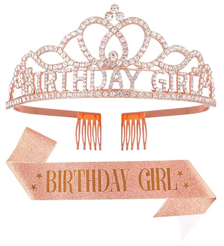 Birthday Tiara and Crown with Sash for Women, Hair Accessories for Wedding Party Costume (A1 - Rose Gold)