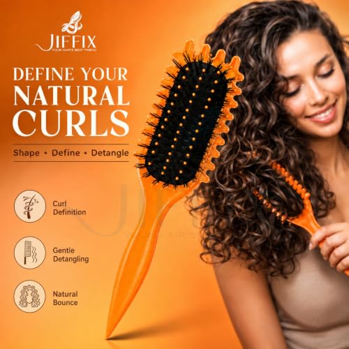 Image of Curly Hair Brush - Curl Defining & Detangling Brush for Women & Men - Boar Bristle Styling Brush for Shaping, Combing & Enhancing Natural Curls - Suitable for All Hair Types (Orange)