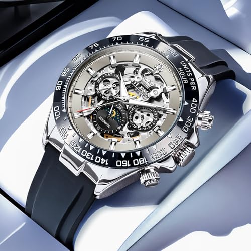 Image of OLEVS Self Winding Watches for Men Automatic Mechanical Skeleton Luxury Dress Waterproof Moon Phase Tourbillon Chronograph Stainless Steel Luminous Wristwatch