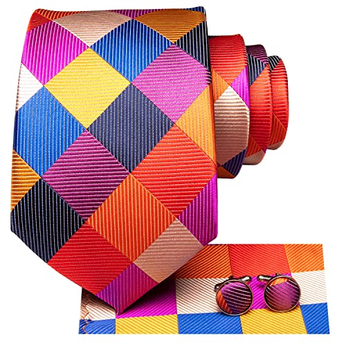 Image of Hi-Tie Mens Plaid Ties Classic Paisley Necktie with Handkerchief Cufflinks Set Business Stripe Tie