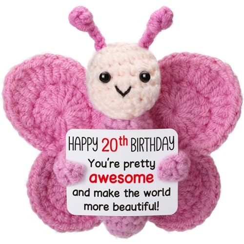 Weming Pink Crochet Butterfly 20th Birthday Gift for Her Handmade 4 Amigurumi Plush with Happy 20th Birthday Sign Cute Desk Decor Small Stuffed Butterfly for Daughter College