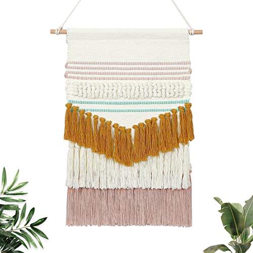 LOMOHOO Macrame Wall Hanging Woven Tapestry with Tassel Tufted Colorful Geometry Tapestries Blue Yellow Pink Bohemian Art Boho Chic Decor Bedroom Apartment Home Decoration(Pink and Yellow)