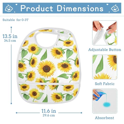MCHIVER Sunflower Leaf White Baby Bibs for Boy Girl Toddler Waterproof Feeding Bib Apron with Food Cather Adjustable Cotton Food Eating Bib 2 Pack2