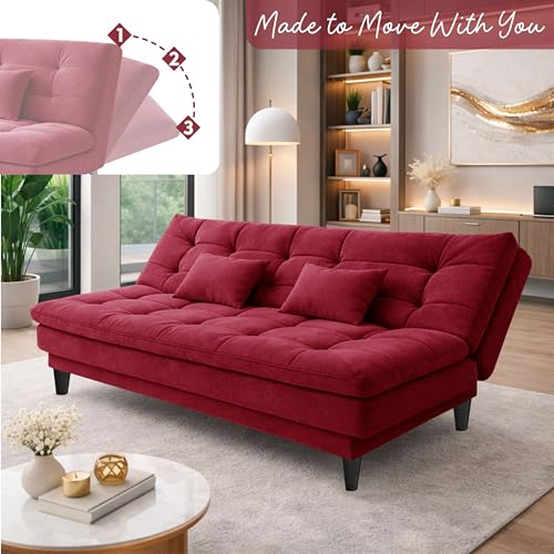Image of Modern 3 Seater Sofa Cum Bed | Tufted Backrest | Velevt Fabric Upholstery | Living Room Furniture-Red