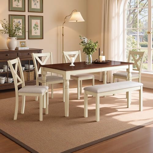 LUXOAK 60' Farmhouse Dining Table Set for 6, Solid Wood Kitchen Table with 4 Upholstered Chairs &...