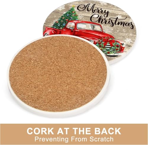 Image of Red Truck Christmas Coasters with Holder, 6 Pieces Round Wood Coasters Set, 4 Inch Vintage Holiday Drink Coasters with Merry Christmas Design, Gold Metal Holder, Absorbent Table Decor