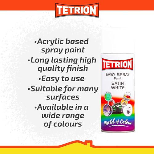 Image of Tetrion Easy Spray Paint - Satin White 400ml (Pack of 6) - All-Purpose Fast Drying Acrylic Spray for Wood, Metal, Plastic, Ceramic & More, Smooth Base Coat - Indoor & Outdoor Use, 13.5 Oz
