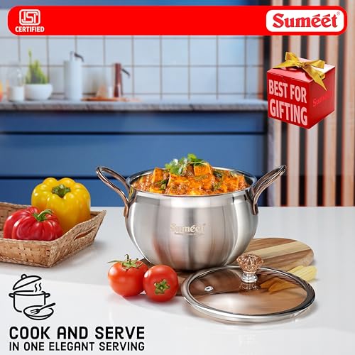 Image of Smeet ISI Certified Stainless Steel Cook & Serve Biryani Pot /Handi /Sauce Pot with Glass Lid |Induction and Gas Compatible | Capacity - 2200ml -Dia - 17cm, Silver
