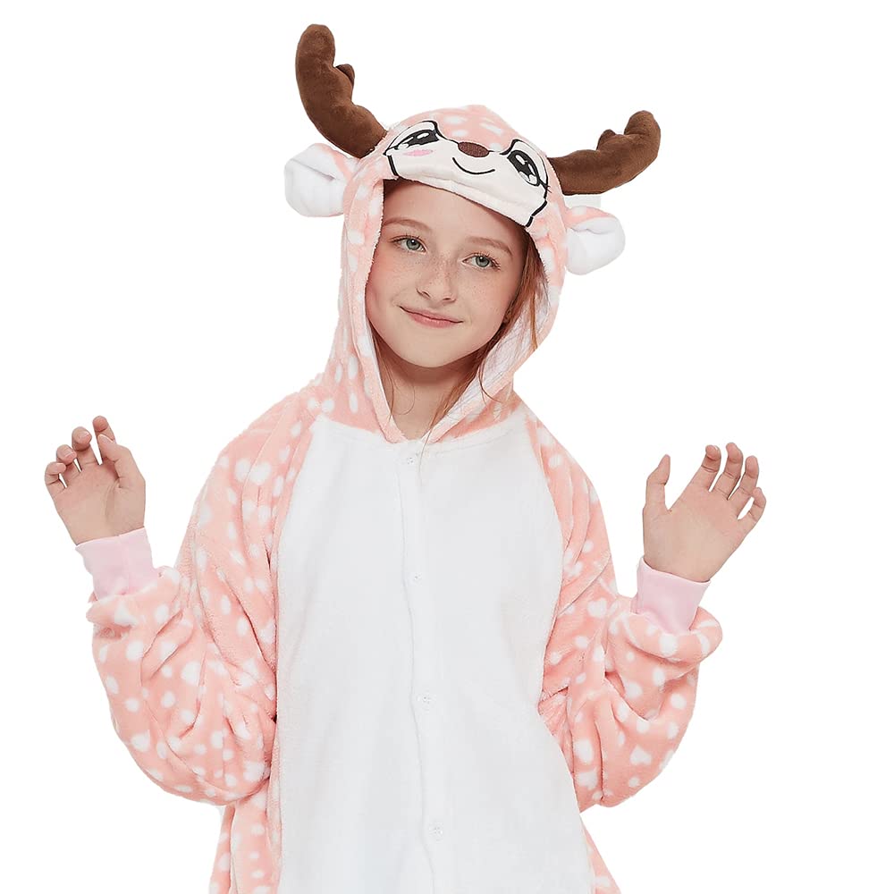 Kid Reindeer Onesie Pajamas Deer Halloween Costume Boy Girl Animal Onepiece (A - Pink, 12-14Years)