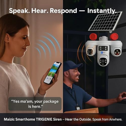 Image of Maizic Smarthome TRIGENIE Siren 4G Solar White 5MP�3 Triple Lens AI PTZ Outdoor Security Camera | 360� Pan View | Color Night Vision | Human Detection | 2-Way Audio | IP66 Waterproof