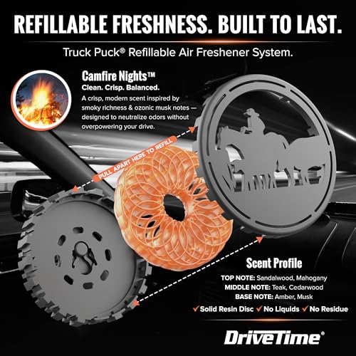 Image of Drive Time Truck Puck Campfire Night Fragrancee Car Air Freshener - Long-Lasting Car Deodorizer, Refillable Vent & Visor Clip Auto Air Freshener for Car, Truck & SUV, Premium Fragrance, Pack of 3