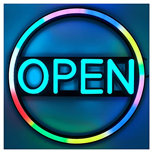 Letrero abierto para negocios, letrero LED de neón abierto, 40.6 cm, dinámico, multicolor, para restaurantes, oficinas, tiendas, escaparates, escaparates, fuente de alimentación de 12 V/2 A, con