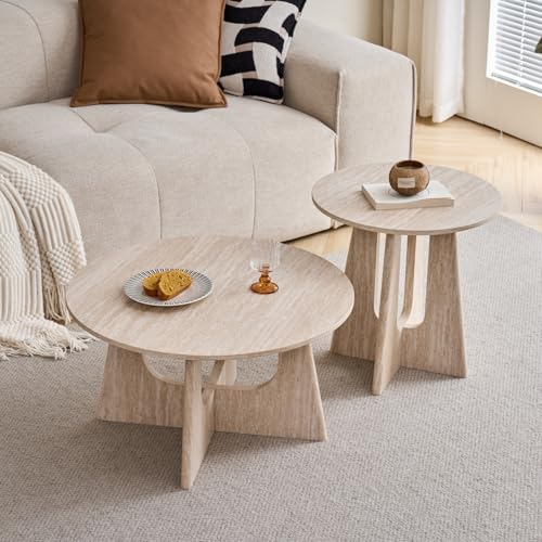 GrandCA HOME Juego de 2 Mesa de Centro Redonda, Mesa Auxiliar de Sala de Estar de Estilo Minimalista Moderno, Material de Tablero de Densidad Media, Adecuada para Sala de Estar - Beige