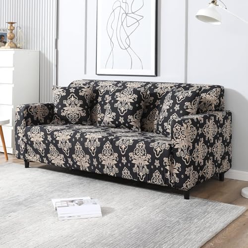 Image of HOKIPO Elastic Stretchable Universal Sofa Cover 3 Seater (AR-4095-D8-Black Damask)