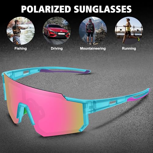 STORYCOAST Polarized Sports Sunglasses for Men Women,Driving Fishing Cycling Mountain Bike Sunglasses UV400 Protection Clear Blue Frame-Pink Mirror Lens