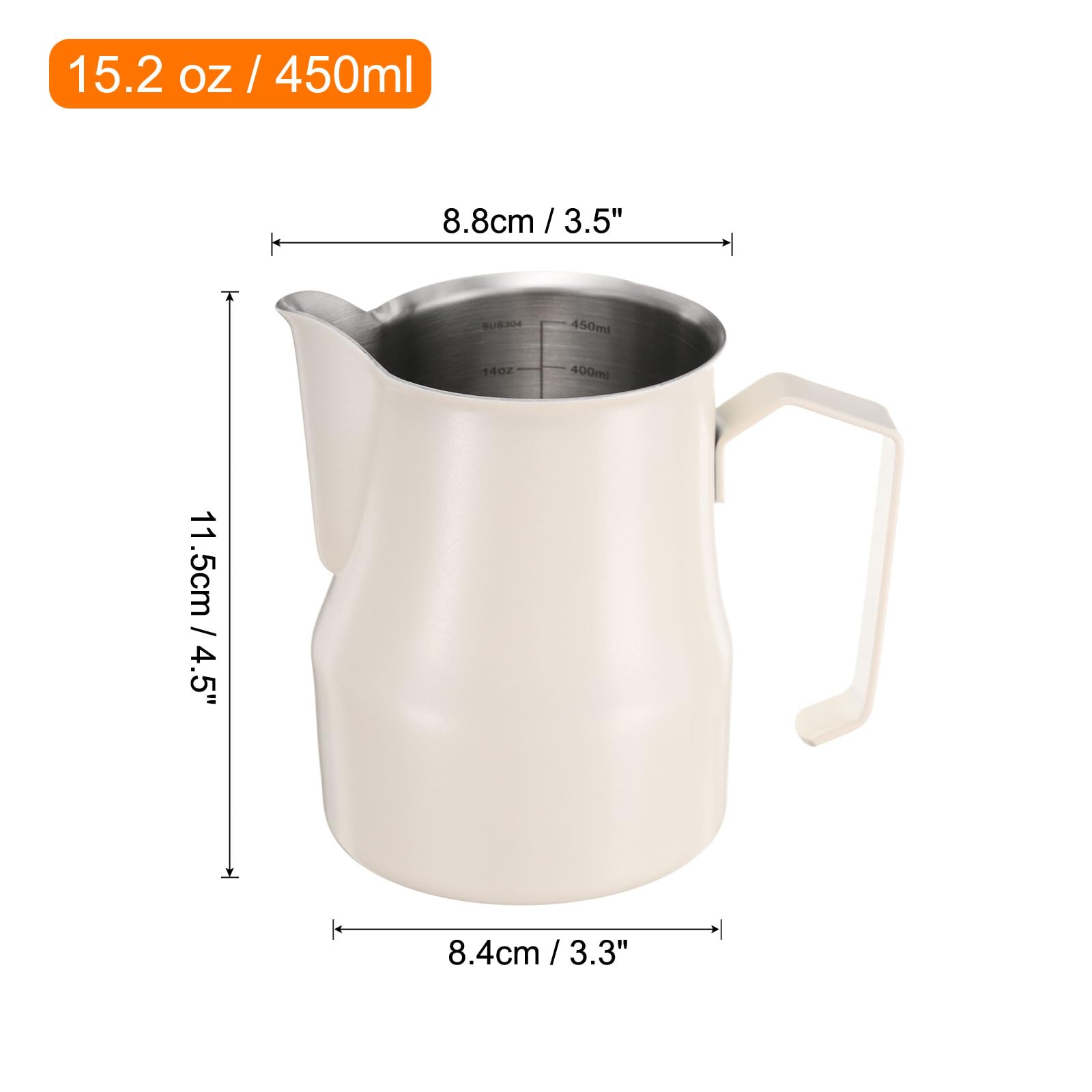 sourcing map Jarra espumadora de leche, de acero inoxidable de 17 onzas / 500 ml, con escala, para jarra de vapor de leche, accesorios de café con leche, capuchino, café, espresso, color beige
