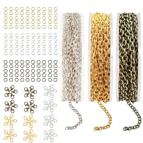 3 Rollos de Cadena Bisuteria, 5M Cadenas para Hacer Joyas, Cadenas Extensoras para Hacer Joyas, con 60 Cierres de Langostas y 150 Anillas Abiertas, para Accesorios de Bisutería de DIY