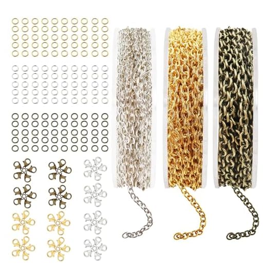 3 Rollos de Cadena Bisuteria, 5M Cadenas para Hacer Joyas, Cadenas Extensoras para Hacer Joyas, con 60 Cierres de Langostas y 150 Anillas Abiertas, para Accesorios de Bisutería de DIY