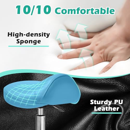 Image of Saddle Stool Chair with Wheels, Ergonomic Thicker Saddle Seat Design for Healthy Sitting Posture, PU Leather, Rolling Saddle Stool with Silent Rubber Wheels Adjustable for Salon Massage Home, Blue