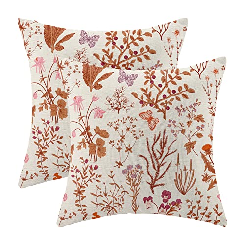 Image of AEIOAE Fall Pillow Covers 18x18 Inch Set of 2,Burnt Orange Wild Flower Plant Throw Pillows Case,Autumn Colored Floral Outdoor Decorative Linen Farmhouse Decor Cushion Covers for Home Sofa Bed Couch