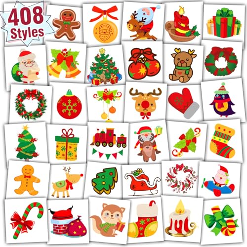 Partywind 408 PCS Individually Wrapped Christmas Temporary Tattoos for Kids Stocking Stuffers Christmas Holiday Decorations Party Supplies Favors Xmas Tattoo Stickers for Boys and Girls
