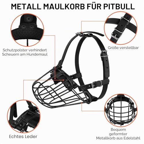 Pitbull Maulkorb für Hunde, Metallmaske, Amstaff sicherer Drahtkorb, verstellbare, langlebige Lederriemen für große Hunde (schwarz)