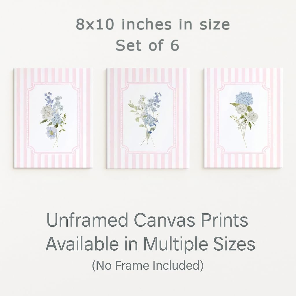 WNRTEKNK 6pcs Floral Nursery Wall Art Pink Blue Botanical Canvas Prints Flower Hydrangea Wall Decor Wildflower Pictures Pastel Wall Decor Painting for Girls Bedroom 8x10 Inch Posters Unframed