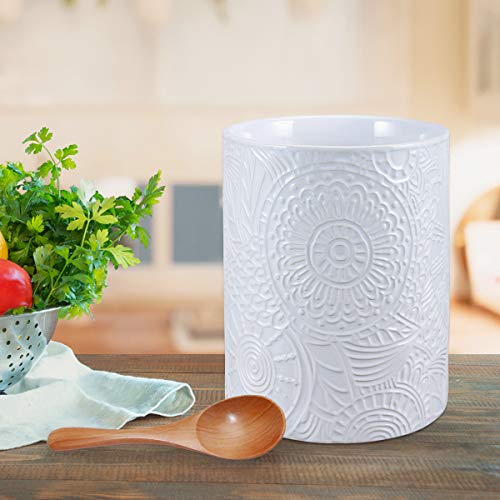 Ceramic Utensil Holder for Countertop, Large Utensil Holder Farmhouse Utensil Crock for Kitchen & Dining Table, White Cooking Utensil Holder,Relief Design with Sunflower Pattern