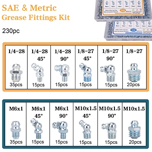 Image of Grease Fittings - 230-Piece SAE & Metric Grease Fittings Kit - 1 /4 inch, 1 /8 inch, M6, M10 - Straight, 45 & 90 Zerk Assortment - Replace Missing or Broken Grease Fittings