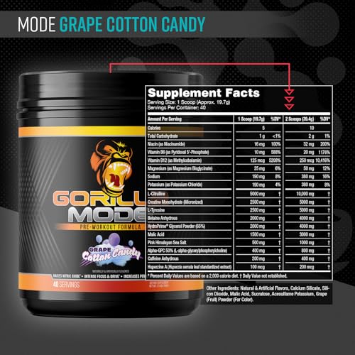 Image of Gorilla Mode Pre Workout - Massive Pumps Laser Focus Energy Power - L-Citrulline, Creatine, L-Tyrosine, Betaine, Hydroprime, Alpha-GPC, 400mg Caffeine, Huperzine A 786g (Cotton Candy Grape)
