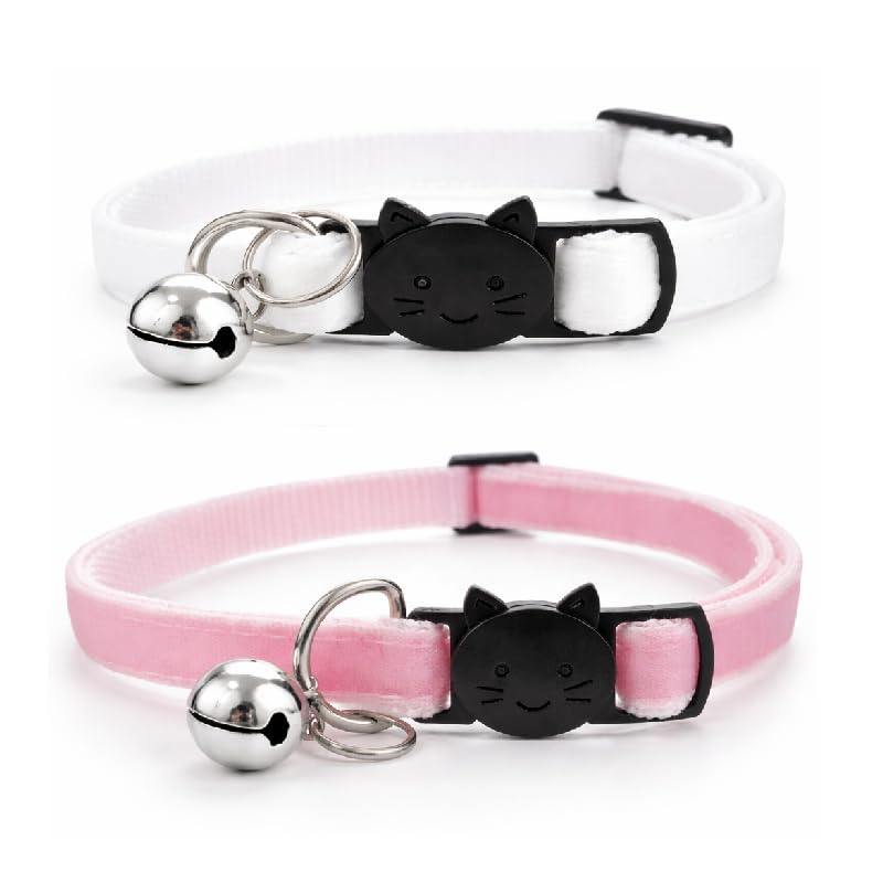 Velvet Cat Collars with Bell. Safe Quick Release Breakaway Buckle | Zacal Cat Collars (White & Baby Pink, Pack of 2)