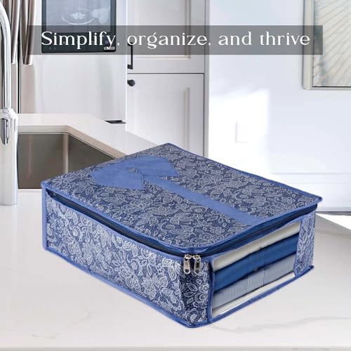 Image of Kuber Industries Pack of 3 Shirt Storage Bag | Shirt Organizer for Closet | Visible Window Shirt Bag | Wardrobe Storage Bag | Clothes Storage Bag | Flower Printed Shirt Cover | Navy Blue