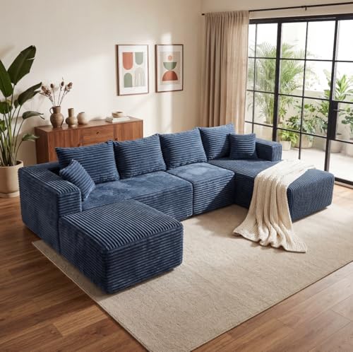 Image of 118 inch Modular Sectional Sofa with Chaise and Ottoman, Oversized U-Shaped Corduroy Cloud Couch, Deep Seat Boneless Couch for Living Room, No-Assembly - Blue (Right Facing Chaise)