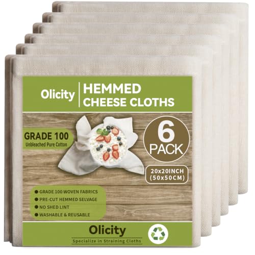 Olicity Cheese Cloths, 6Pack, Grade 100,20x20Inch Hemmed Che...
