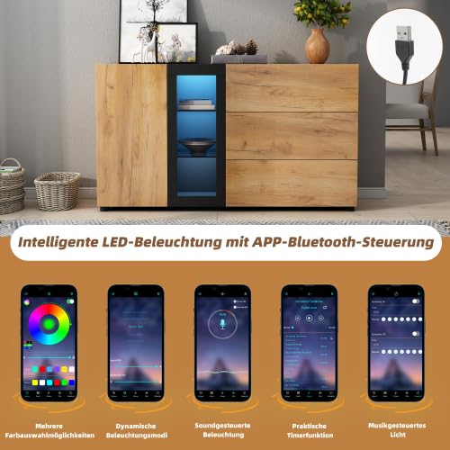 Merax Sideboard mit LED Beleuchtung – Smart App Steuerung, Modernes Design mit Glasregalen, Schubladen & Verstellbaren Einlegeböden, Kommodenschrank für Wohnzimmer und Esszimmer (Schwarz/Braun)