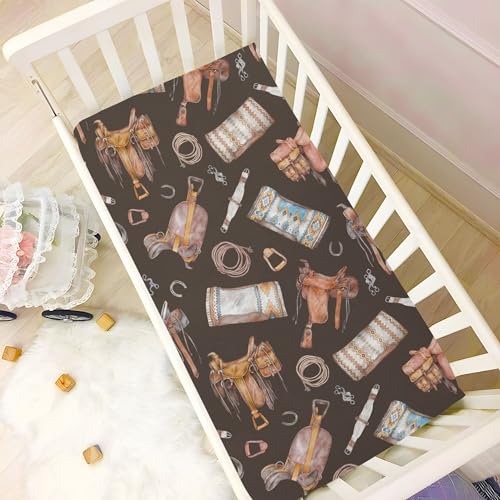 Image of Western Style Cowboy Pattern Crib Sheets Soft Breathable Fitted Baby Crib Sheets Mattress Cover for Girls Boys, 52 inch x 28 inch x 9 inch