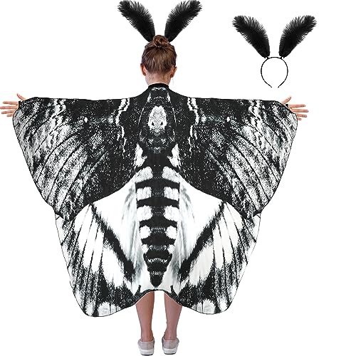 Xtinmee Moth Butterfly Wing Cape Costume Moth Shawl Wing Headband Feather Girl Dress up for Halloween Party(Black)
