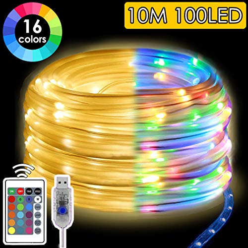LED Seil Lichterkette USB Powered, 10M IP65 Wasserdicht Lichtschlauch Außen mit Remote,16 Farben RGB Feenlichter Kupferdraht Licht, 100 LEDs Schlauch lichterkette für Garten Yard Weg Zaun Weihnachten