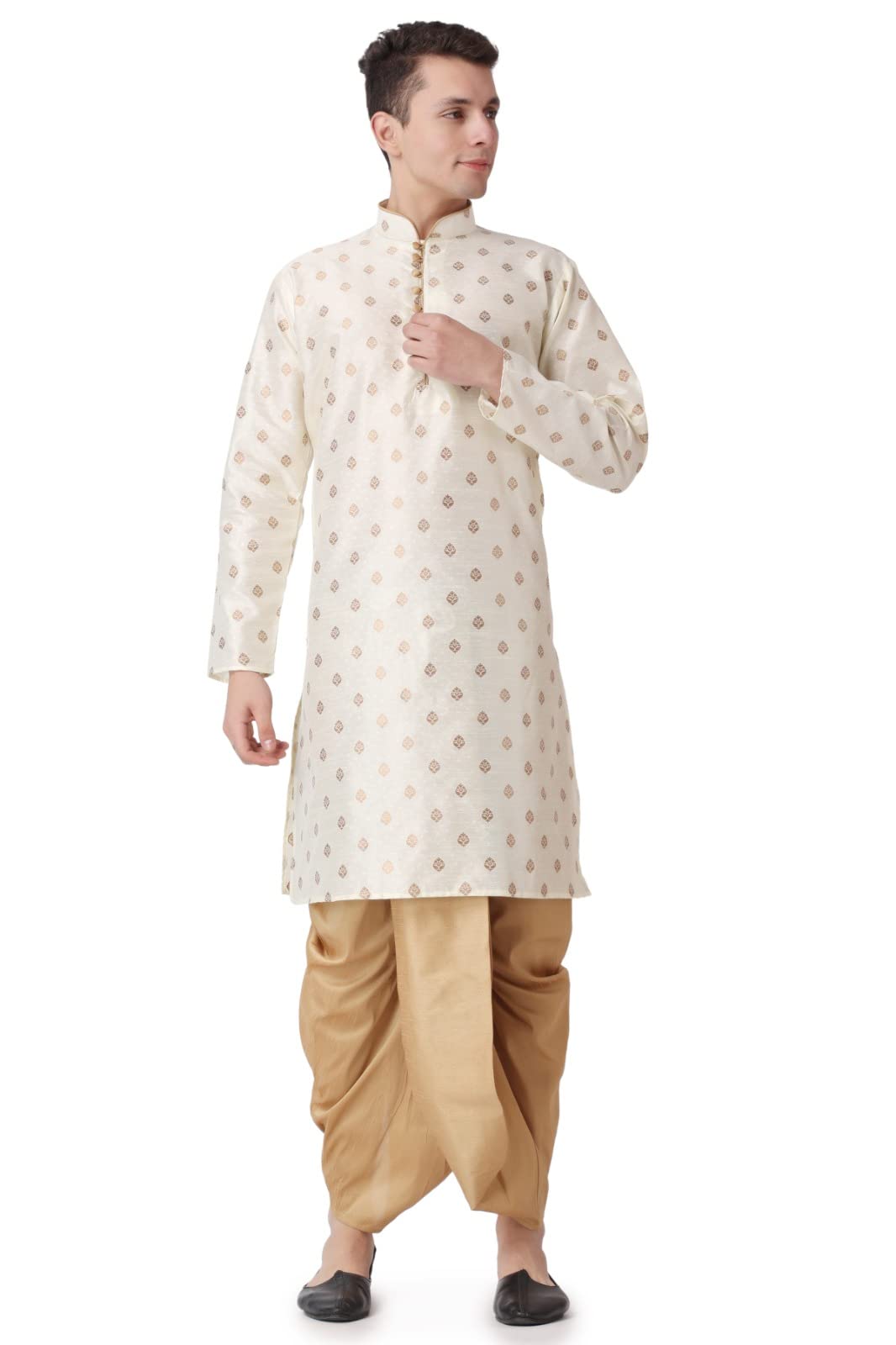 royal kurta Men's Jacquard Silk Printed Gold Kurta Bronze Dhoti Set-picture-33