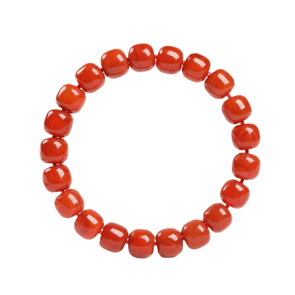 Bracciale Elasticizzato LaoXingZhu in Agata Nanhong - Perline di Agata Rossa Cachi 8x9 mm (Circa 21 Perline) - Bracciale Rigido Cinese in Agata Rossa Fatto a Mano