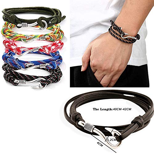 Jbniuay 6PCS Armband Set Geflochtene Armbänder für Männer Frauen Angelhaken Verstellbar Armbänder Navy Seil String Bettelarmband Leder Herren Damen Unisex - 3