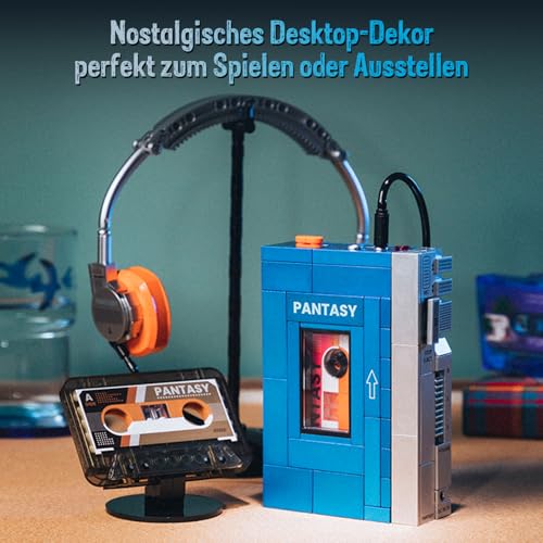 PANTASY Retro-Kassettenplayer Baustein-Modell, Tragbarer Tape-Player im 1970er-Stil mit Austauschbaren Kassetten & Kopfhörern, Vintage Musik-Display und Sammlerstück für Erwachsene