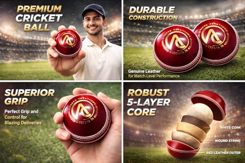 Image of Ananya Creations Classic Red 4 piece Leather Cricket Ball -60 Overs (Super Test) | Premium Hand Stitched | Durable for Test, ODI, T20 & Practice Matches | Swing & Seam Optimized | Premium Shine (6)