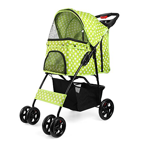 Flexzion Pet Stroller (Dot Green) Dog Cat Small Animals Carrier Cage 4 Wheels