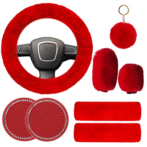 Cute Fluffy Steering Wheel Cover Set for Women, YUNXNYC 1 Set 8 Pieces Fluffy Car Accessories Set Soft Fuzz Handbrake Cover Gear Shift Cover Fur Seat Belt Shoulder Pads Furry Ball Key Chain (Red)