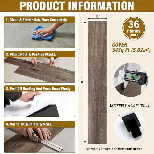 Image of Waterproof Peel and Stick Floor Tile, 54 Sq.Ft Walnut Brown Vinyl Wood Flooring, Easy DIY-Install & Durable for Kitchen, Bedroom, Bathroom, RVs, Rental-Friendly (36-Planks 6 inchx36 inch)