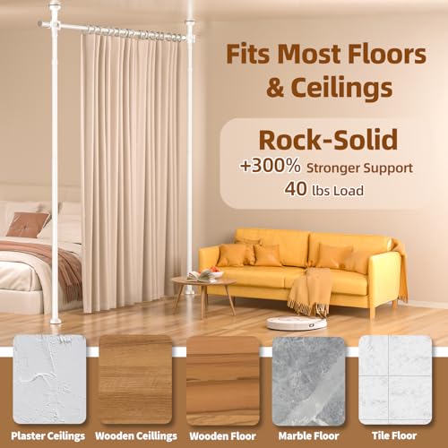 Image of Room Divider No Drilling Curtain Rod Wall Divider for Room Separation, 4-10ft(H) 28-70inch(W) Adjustable,Heavy Duty Floor to Ceiling Portable Hanging Wall Divider for Space Partitions,White