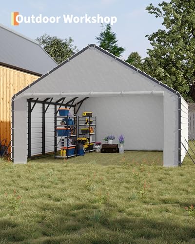 Image of GarveeLife Heavy-Duty PE Enclosure Kit (2-Pack) for Metal Carport - 220gsm Roll-Up Zipper Door Panels for 20x25, 20x20 ft, with Ball Bungees, White