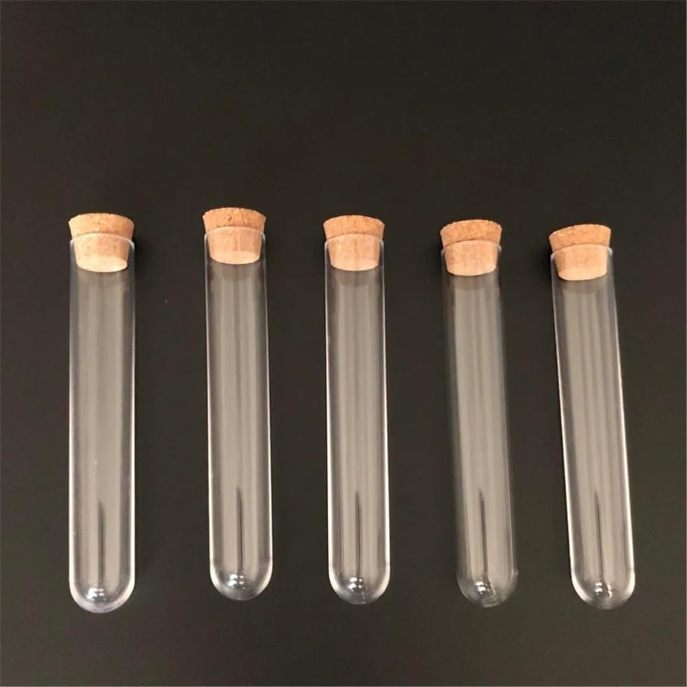 Cristalería de Laboratorio Tubos de ensayo de plástico con tapón de corcho y fondo en forma de U, 18 x 105 mm, 100 unidades por paquete.