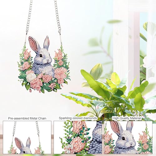 Image of AiYuanzsh Rabbit Diamond Painting Hanging Pendant Kit, DIY 5D Acrylic Crystal Diamond Art Ornament for Window, Wall or Door, Handmade Decorative Craft Gift for Adults